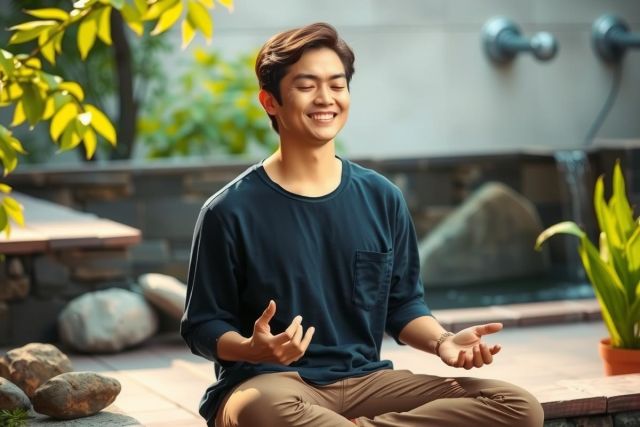 A young man sitting in meditation pose on a patio, with hands together and eyes closed. Surrounded by plants, enjoying peaceful environment.