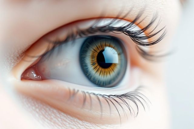Close-up of a beautiful blue and hazel eye with long black eyelashes. Detailed macro shot showcasing the iris, pupil, and surrounding skin tones. Focus on eye health, beauty, and captivating details. Natural light, vibrant colors.