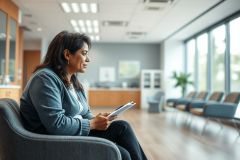 Woman sits in a modern, light-filled waiting room, appearing thoughtful as she holds a document. The scene features neutral gray tones, comfortable seating, and large windows suggesting a healthcare or professional setting. Focus on patient experience and waiting areas.