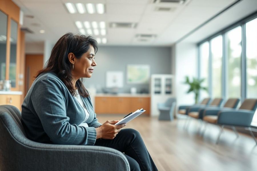 Woman sits in a modern, light-filled waiting room, appearing thoughtful as she holds a document. The scene features neutral gray tones, comfortable seating, and large windows suggesting a healthcare or professional setting. Focus on patient experience and waiting areas.
