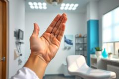 Close-up of a hand in a modern, bright room with medical equipment and a comfortable chair.  Blue and white color scheme with natural light. Likely a doctor's office or clinic setting.