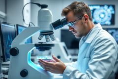 Scientist using a microscope in a modern laboratory. Focus on research, science, and medical analysis with blue and white tones. High-tech equipment and a professional setting.