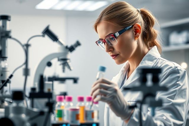 Female scientist in a lab coat working with test tubes and a microscope. Modern science laboratory setting with colorful liquids and equipment. Research, biology, and medical science theme.