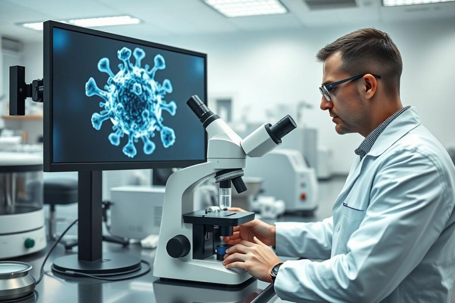 Scientist examining an image of a virus on a monitor in a laboratory. A microscope and medical equipment are visible. Focus on research, healthcare, and virology with a blue and white color scheme.