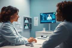 Telemedicine consultation: A doctor in a blue examination room speaks with a patient and a remote doctor on a screen. Healthcare technology, virtual appointment, and patient care are evident in this modern medical setting.