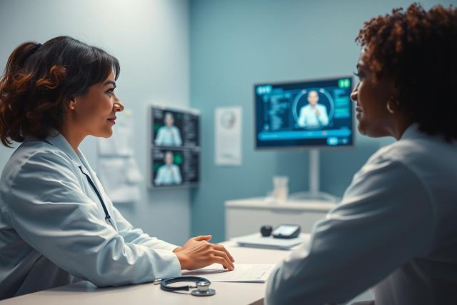 Telemedicine consultation: A doctor in a blue examination room speaks with a patient and a remote doctor on a screen. Healthcare technology, virtual appointment, and patient care are evident in this modern medical setting.