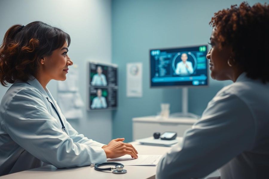 Telemedicine consultation: A doctor in a blue examination room speaks with a patient and a remote doctor on a screen. Healthcare technology, virtual appointment, and patient care are evident in this modern medical setting.