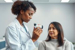 A doctor examines a patient in a bright, modern office. The healthcare professional uses a device during a routine patient checkup. The focus is on patient care and preventative healthcare in a clean, professional environment.