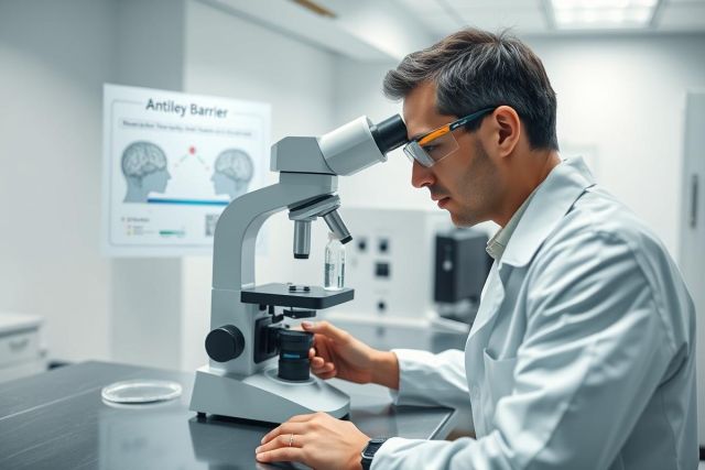 Scientist using a microscope in a modern laboratory. The man in a white coat is focused on research, with a diagram of the Antley Barrier visible in the background. A clean, sterile environment with cool tones suggests scientific investigation and medical research.
