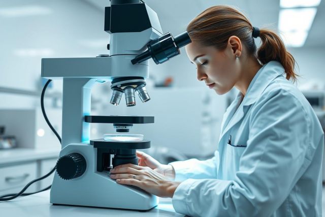 Scientist using a microscope in a bright, modern laboratory. The image features a woman in a white lab coat, focused on analyzing samples. Predominant colors are white, gray, and black, conveying a scientific and professional atmosphere. Research, science, and laboratory themes are prominent.