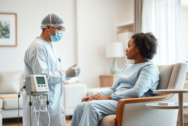 Doctor in scrubs and mask talks to a patient in a hospital setting. Medical consultation, healthcare professional, patient care, wellness, discussion, medical exam.