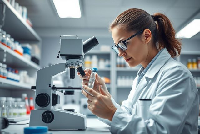 Female scientist in a lab coat examines a vial through a microscope. The sterile, modern laboratory setting features shelves with lab equipment. Predominantly white and gray tones convey a scientific and analytical environment. Focus on research, biology, and laboratory science.