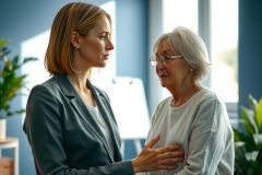 A compassionate woman in a blazer comforts an older woman indoors. The scene evokes themes of caregiving, empathy, and support, with a warm, inviting atmosphere and soft lighting.