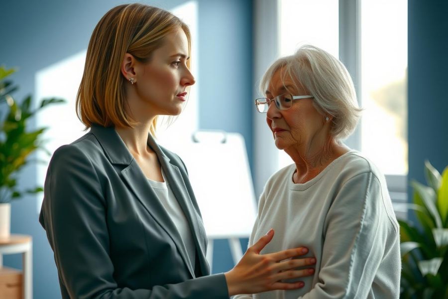 A compassionate woman in a blazer comforts an older woman indoors. The scene evokes themes of caregiving, empathy, and support, with a warm, inviting atmosphere and soft lighting.