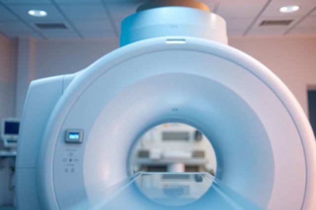 Close-up of a modern CT scanner in a medical facility. The machine features a white and blue design with a circular opening. The image showcases healthcare technology and diagnostic imaging in a clean, bright environment.