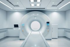 Modern MRI scanner in a bright, clean medical facility. The image showcases the large white machine and control panel within a sterile, clinical environment. Focus on healthcare technology and diagnostic imaging.