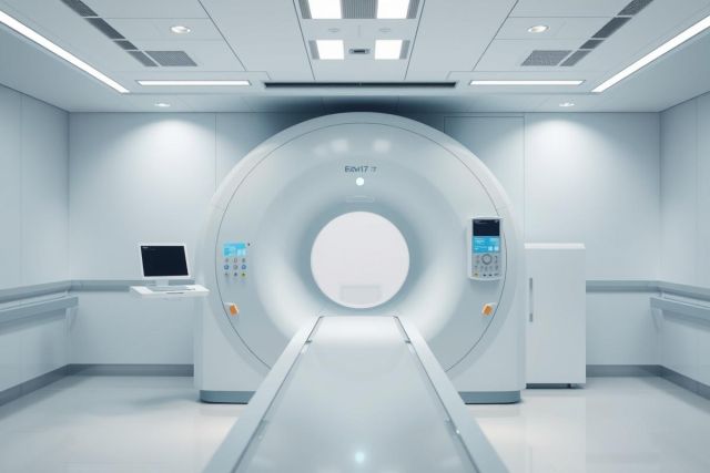 Modern MRI scanner in a bright, clean medical facility. The image showcases the large white machine and control panel within a sterile, clinical environment. Focus on healthcare technology and diagnostic imaging.