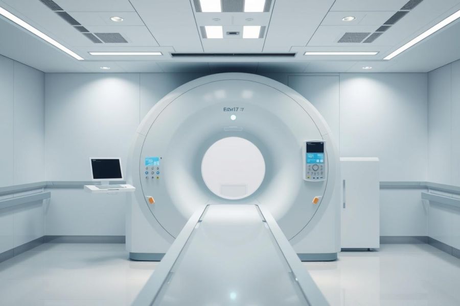 Modern MRI scanner in a bright, clean medical facility. The image showcases the large white machine and control panel within a sterile, clinical environment. Focus on healthcare technology and diagnostic imaging.