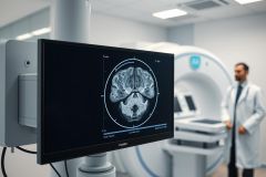 Medical MRI scan image displayed on a monitor in a modern clinic. A blurred doctor in a white coat stands near an MRI machine. The scan shows a detailed cross-section of the brain, with shades of grey and white. Healthcare, diagnostics, and medical technology are key themes.