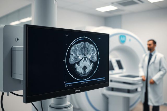 Medical MRI scan image displayed on a monitor in a modern clinic. A blurred doctor in a white coat stands near an MRI machine. The scan shows a detailed cross-section of the brain, with shades of grey and white. Healthcare, diagnostics, and medical technology are key themes.