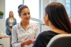 Two women in a modern office setting having a discussion. One is wearing a white blouse and the other a gray blazer. The scene is brightly lit with a clean, professional atmosphere.