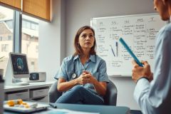 This is a professional setting in an office or medical clinic. There are two individuals, one seated at the desk and another standing next to it.
