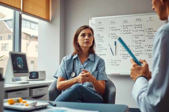 This is a professional setting in an office or medical clinic. There are two individuals, one seated at the desk and another standing next to it.