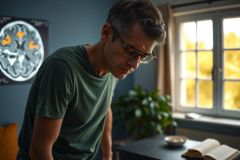 We see a man in an indoor setting, possibly a study or home office. He is dressed in casual attire and appears to be engaged in a task that requires concentration.
