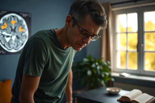 We see a man in an indoor setting, possibly a study or home office. He is dressed in casual attire and appears to be engaged in a task that requires concentration.