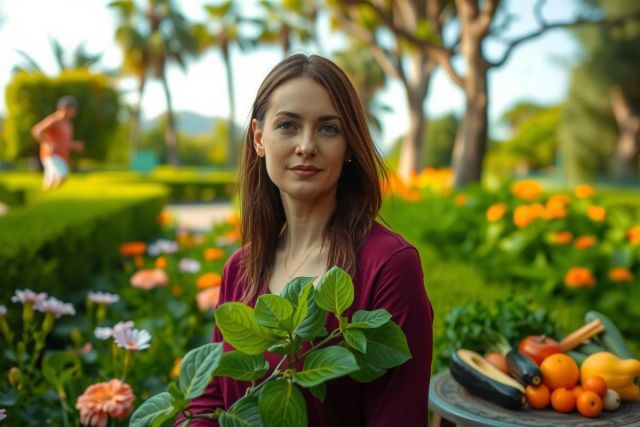 The image features a woman in a garden, surrounded by plants and flowers. She is holding a plant with green leaves close to her face, possibly inspecting or admiring it.