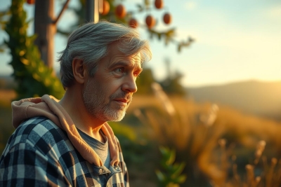 Man with beard and plaid shirt sits on grass in front of apple orchard during sunset, contemplative.