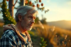 Man with beard and plaid shirt sits on grass in front of apple orchard during sunset, contemplative.