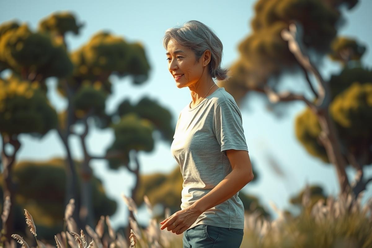 The image features an older woman with short grey hair running in a natural outdoor setting. She is dressed in casual athletic wear, consisting of a light grey shirt and darker pants, suggesting she's engaged in physical exercise.