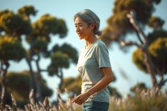The image features an older woman with short grey hair running in a natural outdoor setting. She is dressed in casual athletic wear, consisting of a light grey shirt and darker pants, suggesting she's engaged in physical exercise.