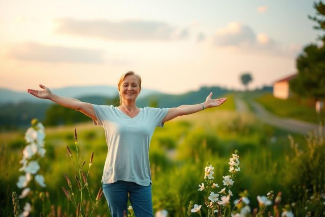 The image features a woman standing in an open field with her arms spread wide. She is facing the camera, smiling and looking joyful. The sun appears to be setting or rising behind her, casting a warm glow across the scene.