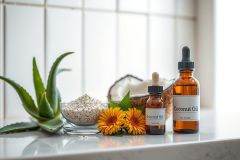 Natural skincare ingredients: coconut oil, marigold flowers, aloe vera, and coconut flakes displayed on a white surface. Focus on wellness and beauty products.