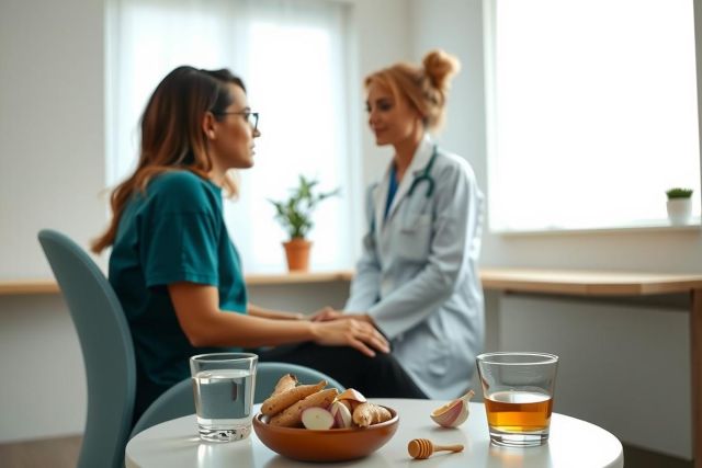 Doctor examines patient during consultation. Healthcare professional sits opposite a client, showing care and attention. The scene includes food, a glass of water and a medical setting.