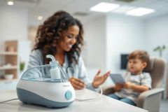 A caring healthcare professional assists a young boy with a nebulizer treatment at home. The image showcases a modern, light-filled living room setting with a focus on the medical device. Soft blue and white tones dominate, conveying a sense of comfort and wellness. Keywords: nebulizer, healthcare, child, medical, home, treatment, wellness.