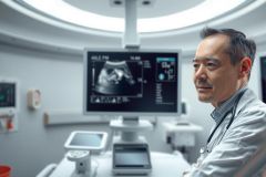 Doctor examining ultrasound scan in a medical setting. Focused on patient care and diagnostic imaging. Professional healthcare environment with modern equipment.