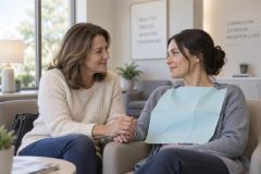 Patient in dental bib sits with supportive companion holding hands in calming dental waiting room.