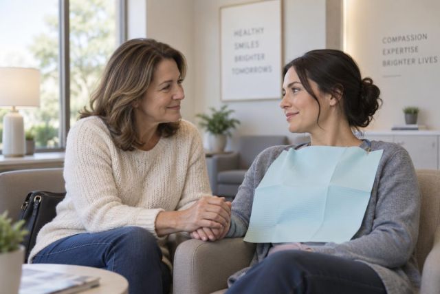 Patient in dental bib sits with supportive companion holding hands in calming dental waiting room.