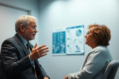 Two professionals, a man in a suit and a woman with glasses, engaged in a discussion in a modern office setting. Charts and graphs are visible on the wall. The scene conveys a sense of consultation or collaboration, with a cool, professional color palette.