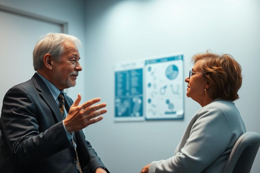 Two professionals, a man in a suit and a woman with glasses, engaged in a discussion in a modern office setting. Charts and graphs are visible on the wall. The scene conveys a sense of consultation or collaboration, with a cool, professional color palette.