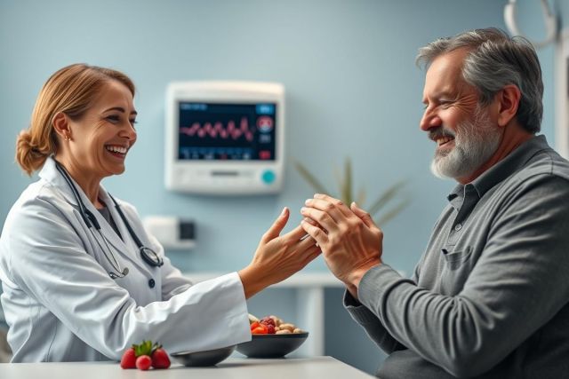 Friendly doctor consults with a senior patient in a bright, modern medical office. The scene features a smiling female doctor in a white coat, a happy older man, and a heart monitor in the background. A bowl of fresh fruit sits on a table, suggesting health and wellness. Keywords: doctor, patient, healthcare, senior, consultation, medical, wellness, health.