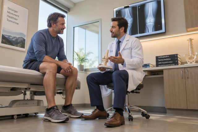Doctor explaining knee model to patient in an orthopedic clinic consultation room, X‑rays visible.