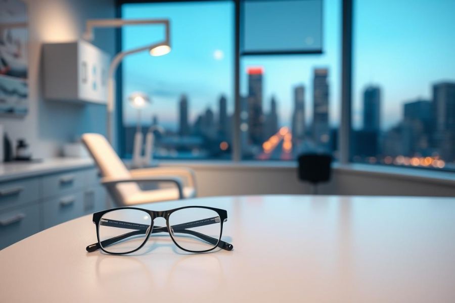 Modern dental office interior with eyeglasses on a white table. The blurred background showcases a city skyline at dusk, featuring blue and gray tones. Focus on professional healthcare setting, eye care, and urban environment.