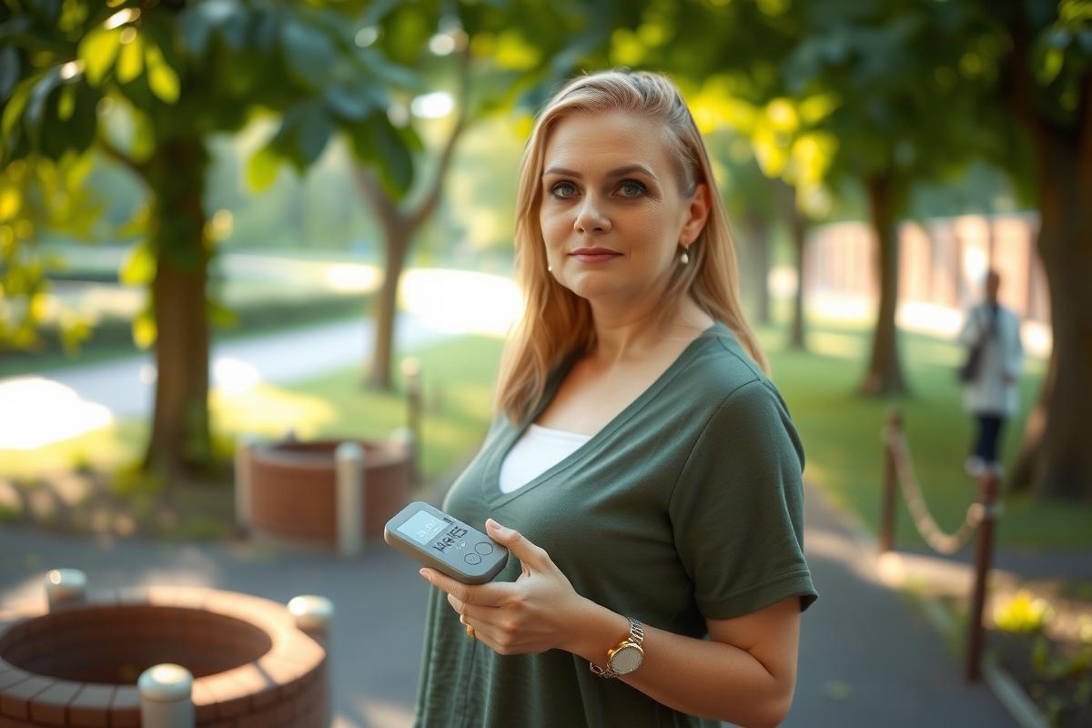 A woman in a green top holding her cell phone in one hand while standing outdoors. The sunlight is creating a warm and pleasant atmosphere with natural shadows visible behind the trees.