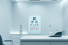 Eye exam room with vision chart. Blue and white interior depicts an optometry clinic setting, featuring an eye chart and diagnostic equipment on a white table. Focus on eye care and vision testing.