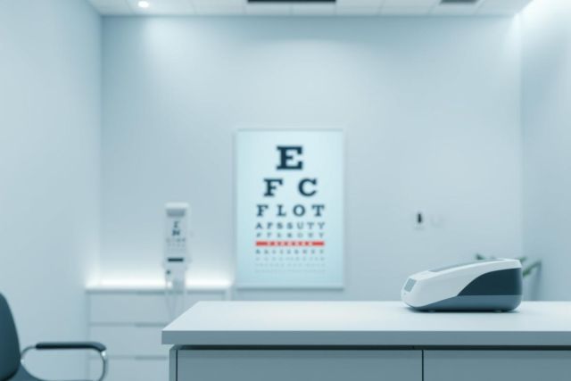 Eye exam room with vision chart. Blue and white interior depicts an optometry clinic setting, featuring an eye chart and diagnostic equipment on a white table. Focus on eye care and vision testing.