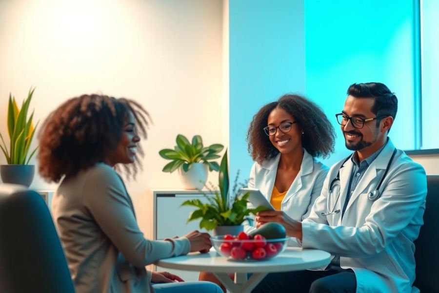Doctor consults with patient in bright, modern office. Healthcare professionals discuss wellness, utilizing a tablet. Warm lighting and greenery create a welcoming environment. Represents medical consultation and patient care.